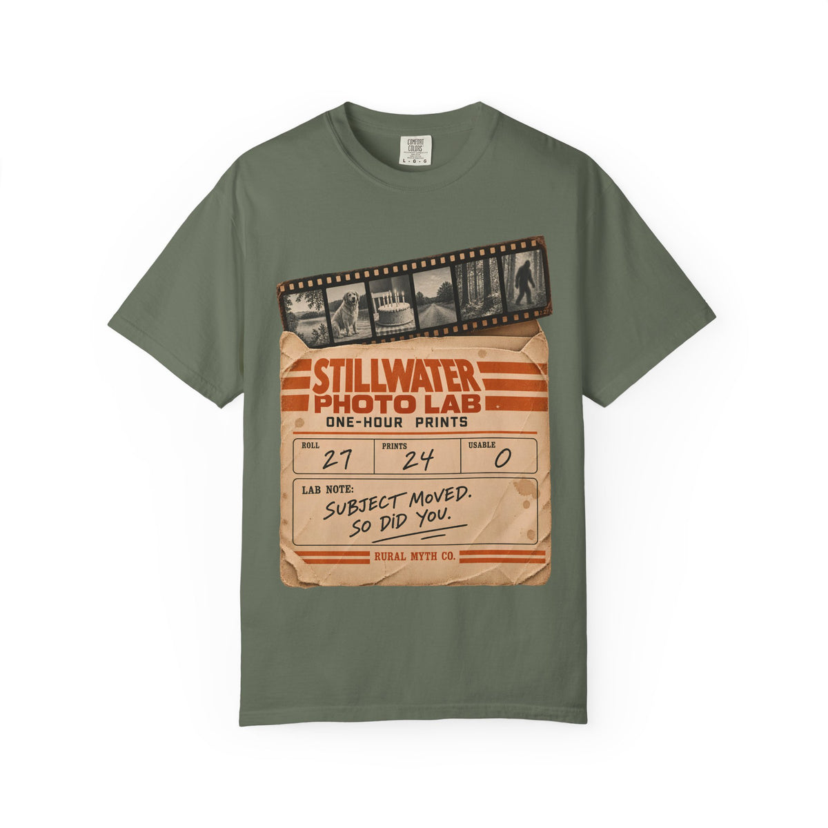 Blurry Bigfoot Photo Lab T-Shirt in Moss, front view