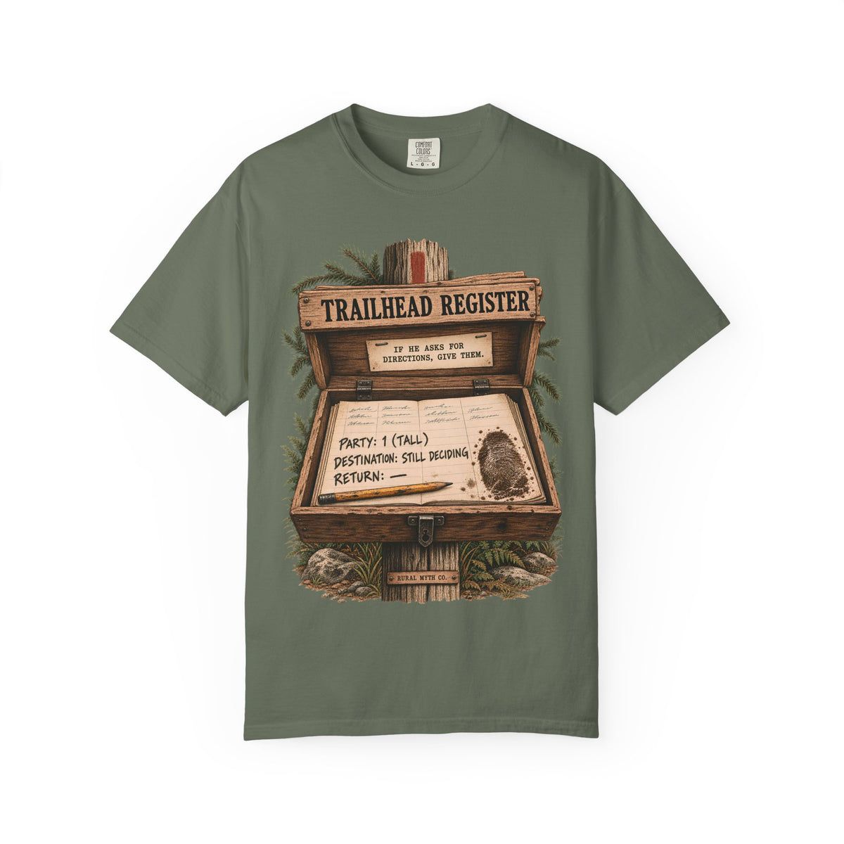 Bigfoot Trailhead Register T-Shirt in Moss, front view