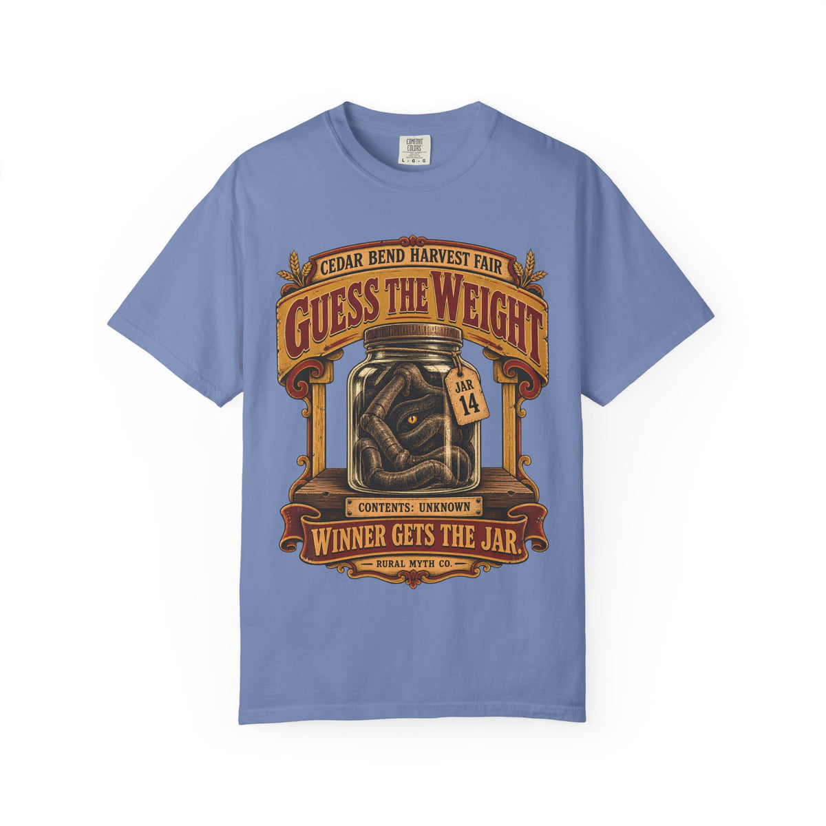 Guess the Weight Jar T-Shirt in Washed Denim, front view