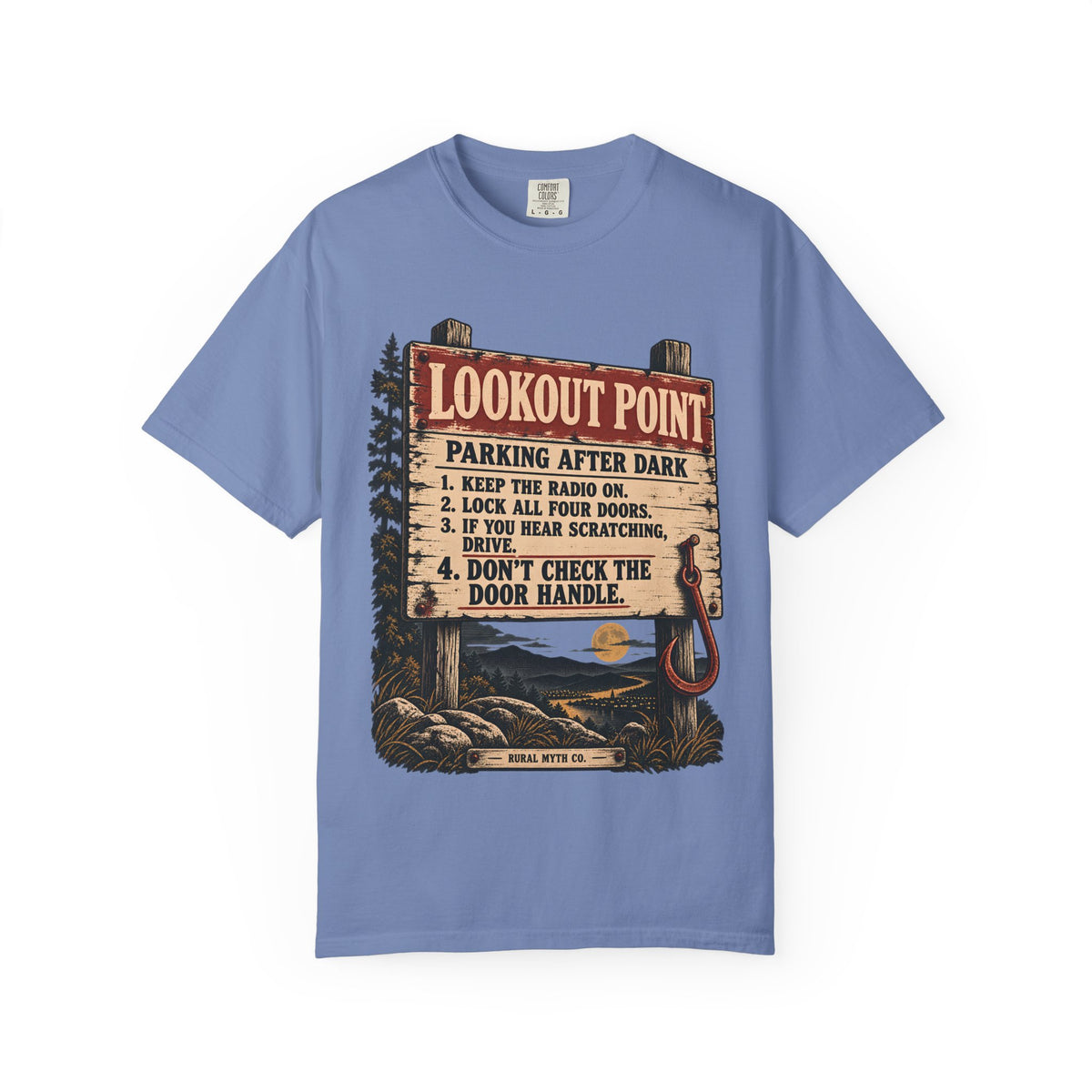 Hook Man Lookout Point T-Shirt in Washed Denim, front view