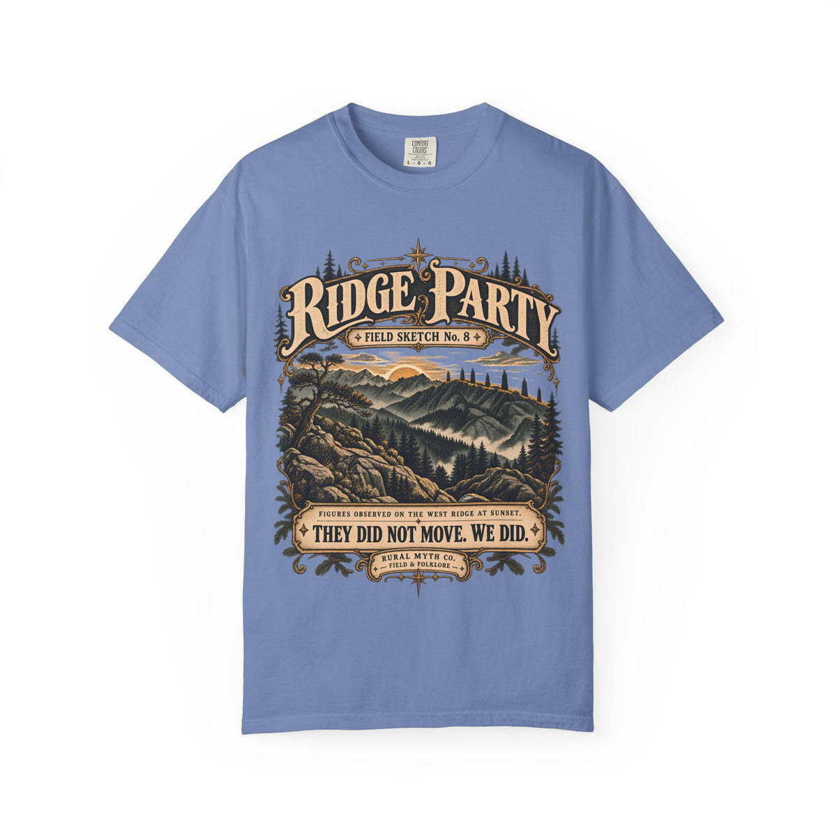 Ridge Party Shadow Figures T-Shirt in Washed Denim, front view