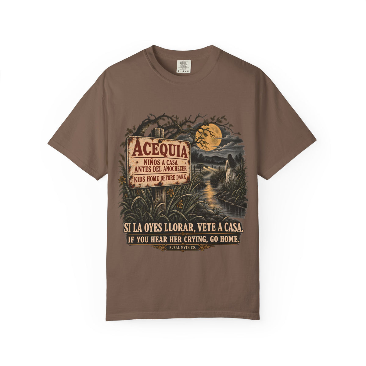 La Llorona Acequia Sign T-Shirt in Espresso, front view
