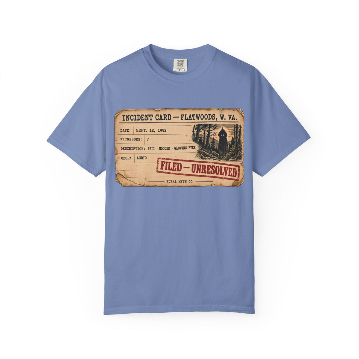 Flatwoods Monster Incident Card T-Shirt in Washed Denim, front view