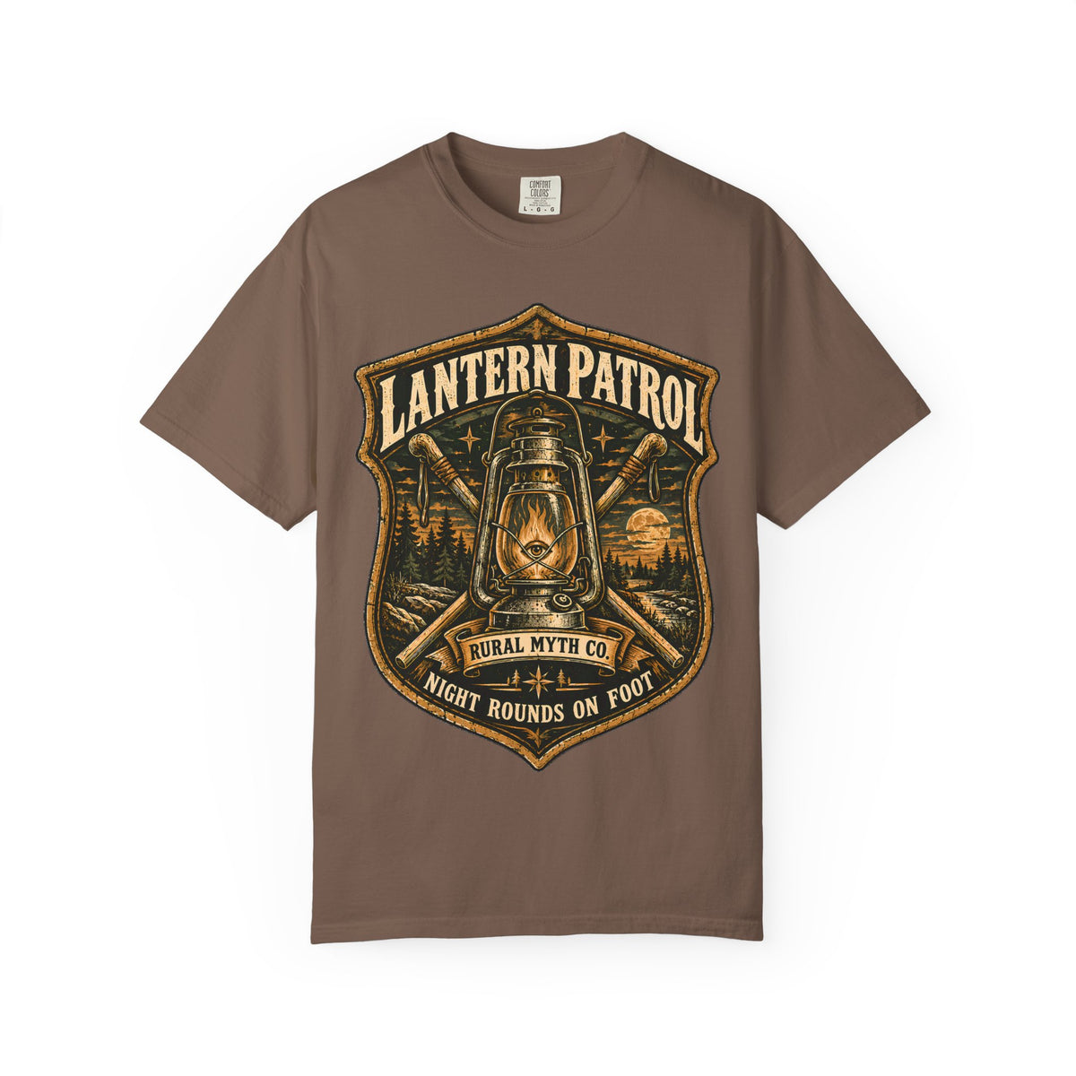 Lantern Patrol Ranger Patch T-Shirt in Espresso, front view