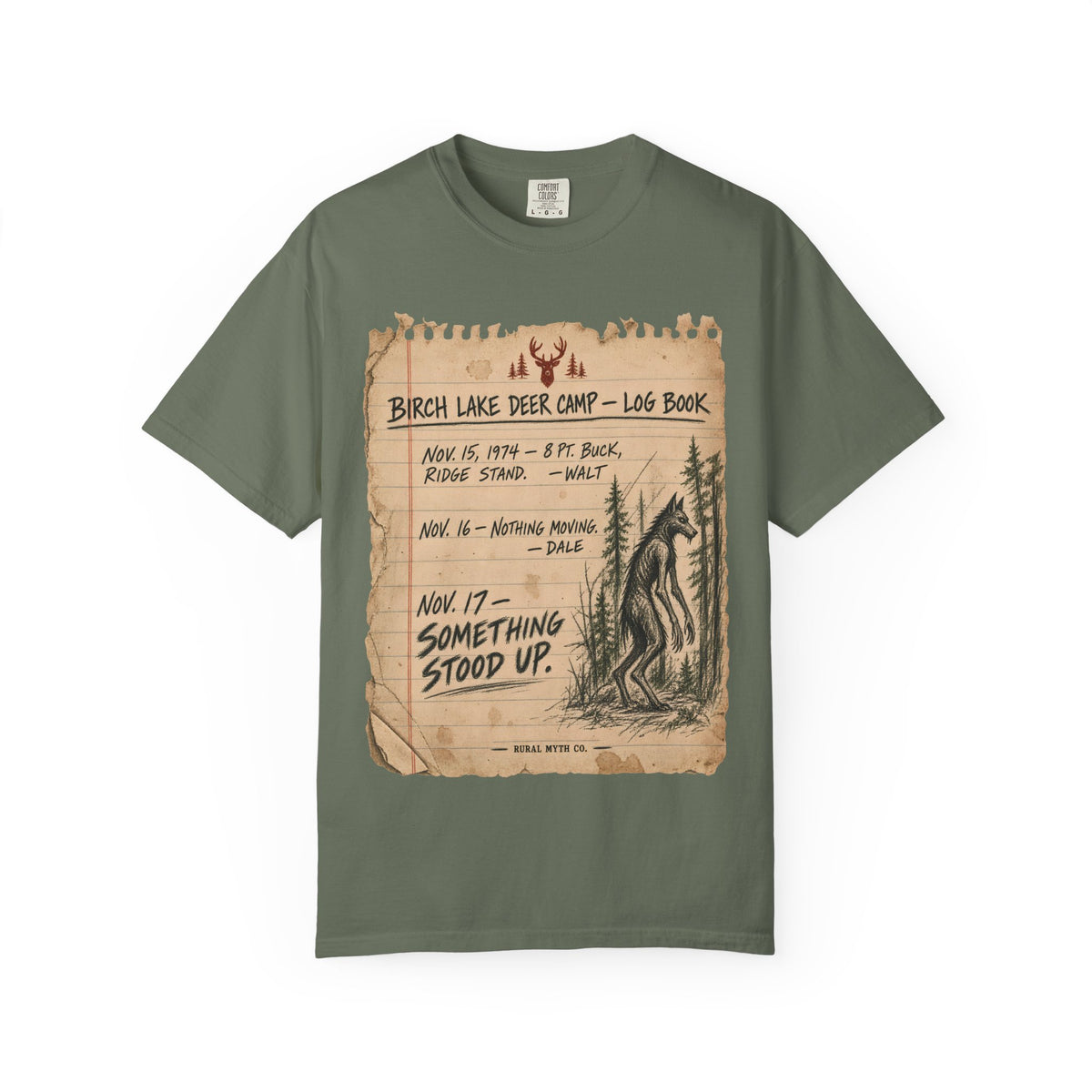 Dogman Deer Camp Log T-Shirt in Moss, front view