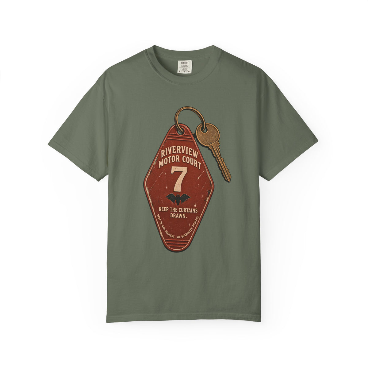 Mothman Motel Key Fob T-Shirt in Moss, front view