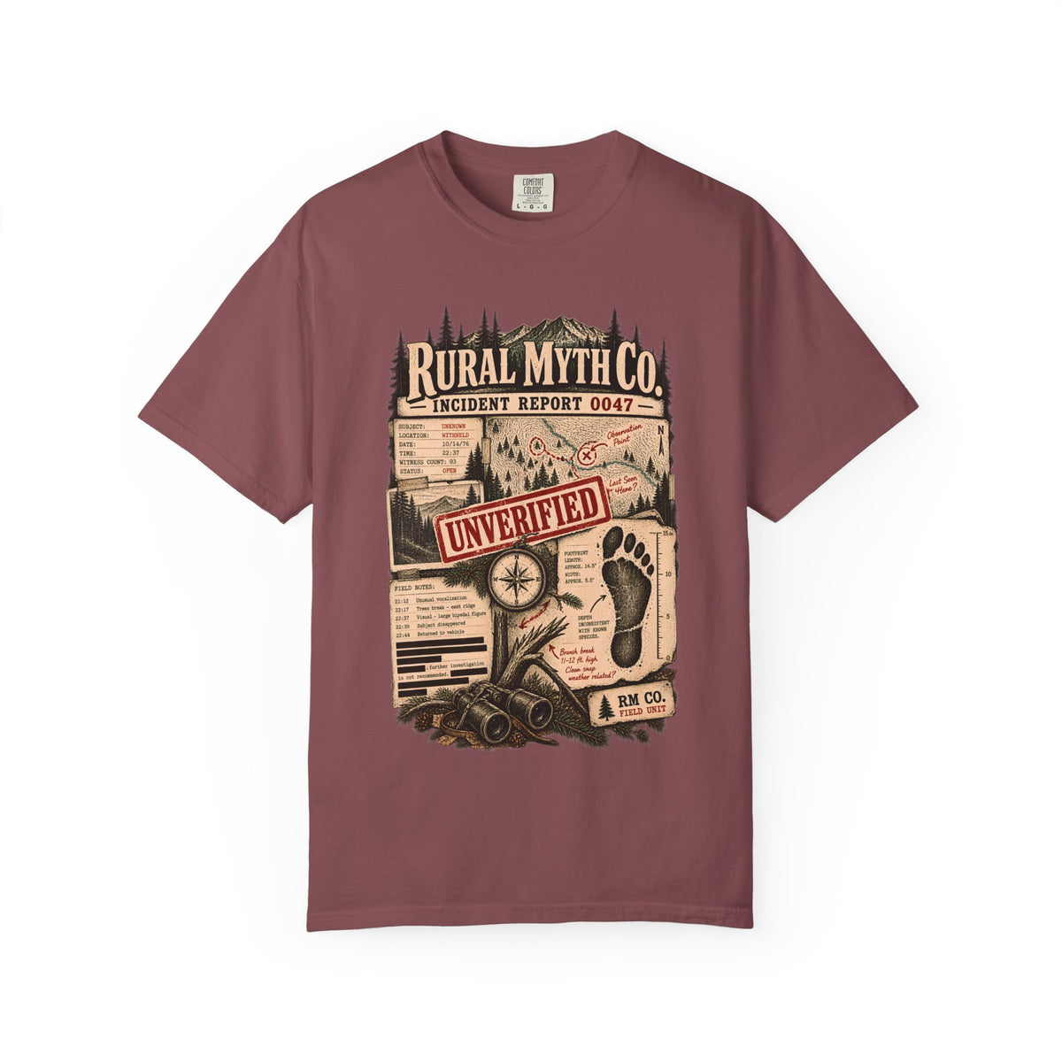 Cryptid Incident Report T-Shirt in Brick, front view