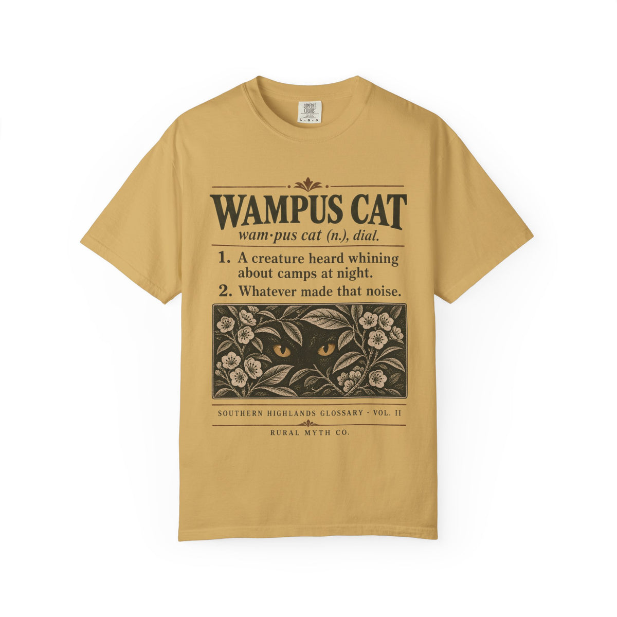 Wampus Cat Glossary T-Shirt in Mustard, front view
