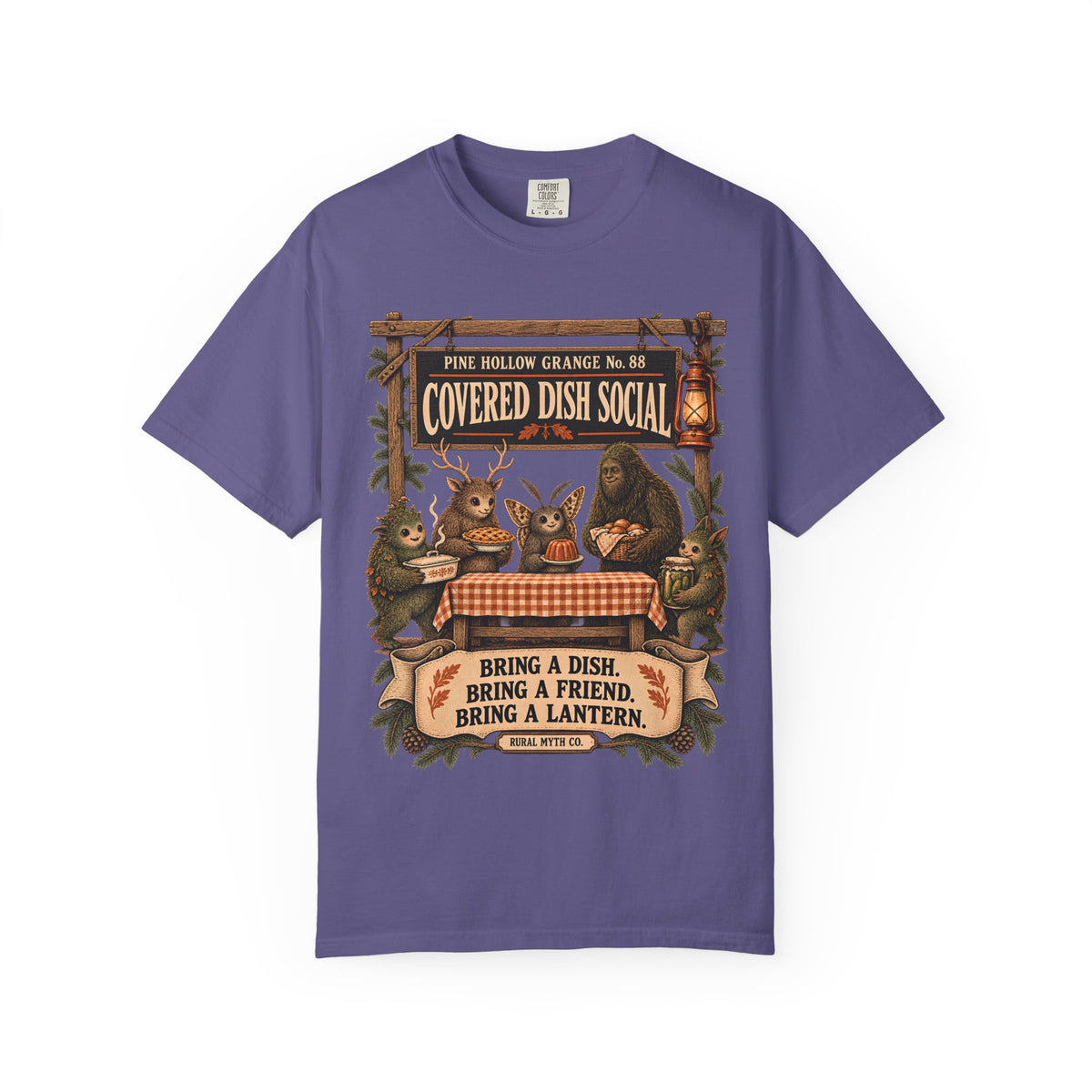 Cryptid Potluck Social T-Shirt in Grape, front view