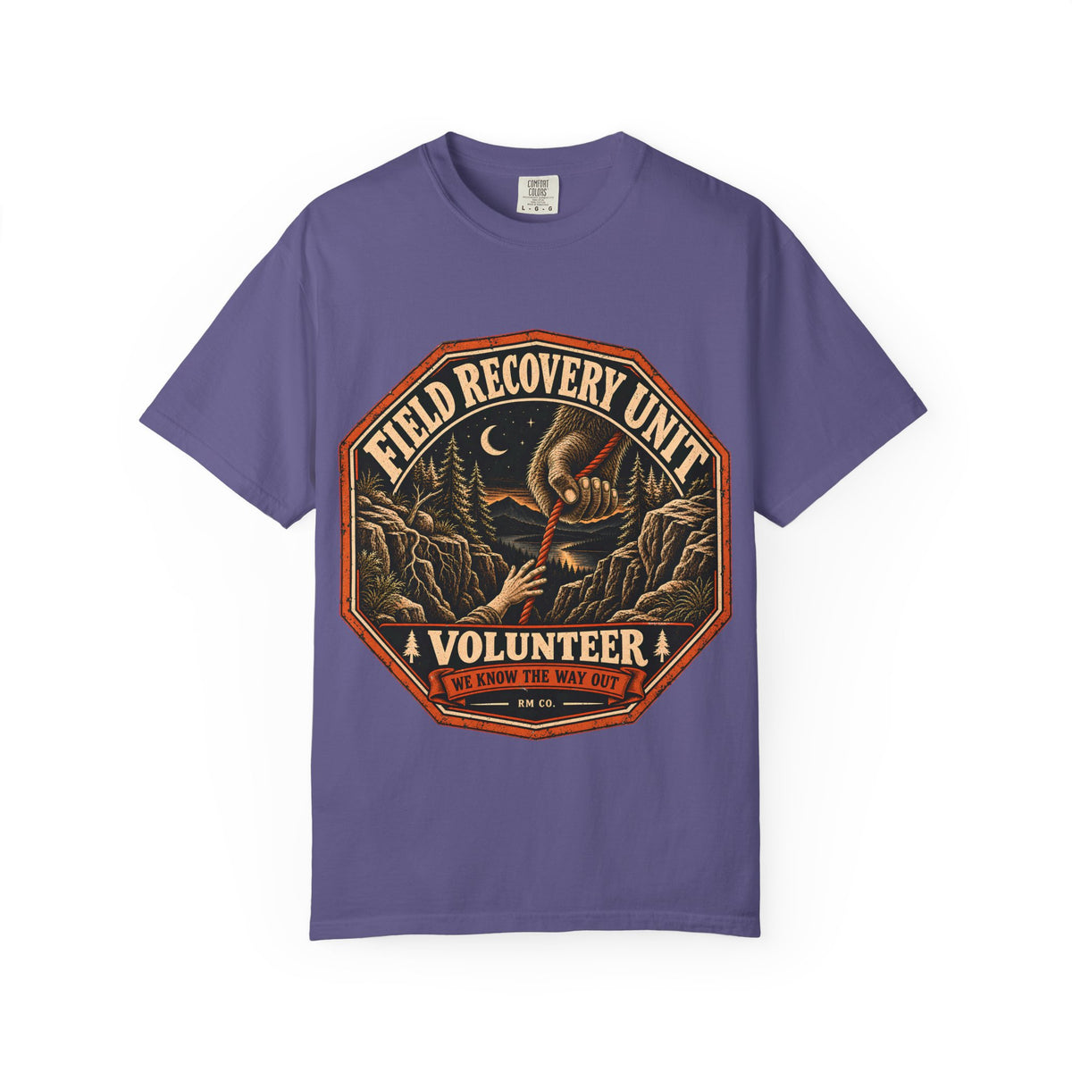 Bigfoot Rescue Patch T-Shirt in Grape, front view