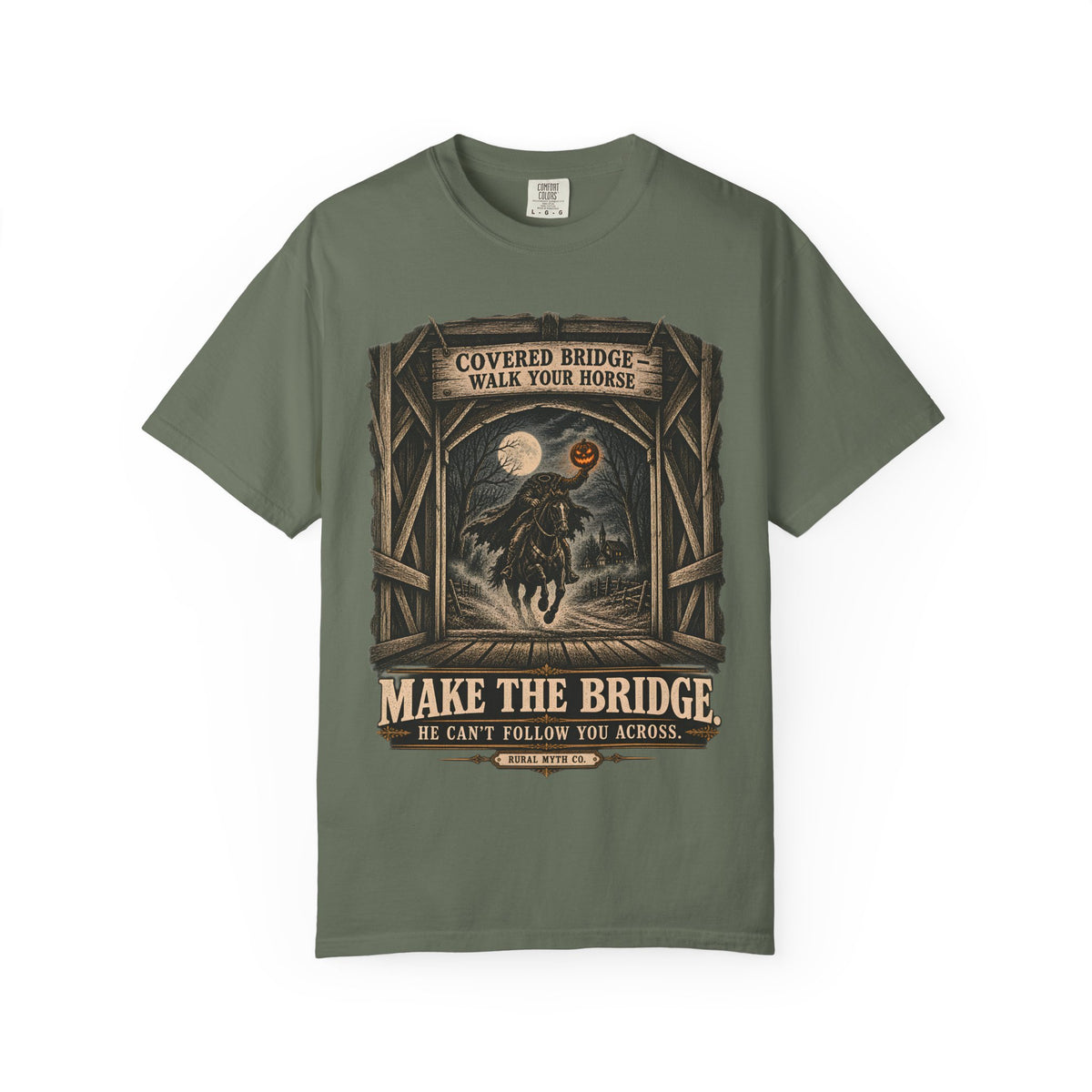 Headless Horseman Bridge T-Shirt in Moss, front view