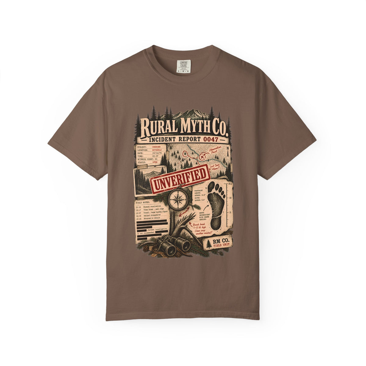 Cryptid Incident Report T-Shirt in Espresso, front view