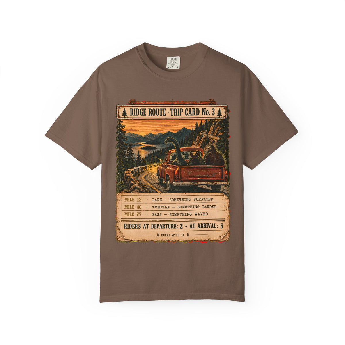 Cryptid Hitchhikers Pickup Truck T-Shirt in Espresso, front view
