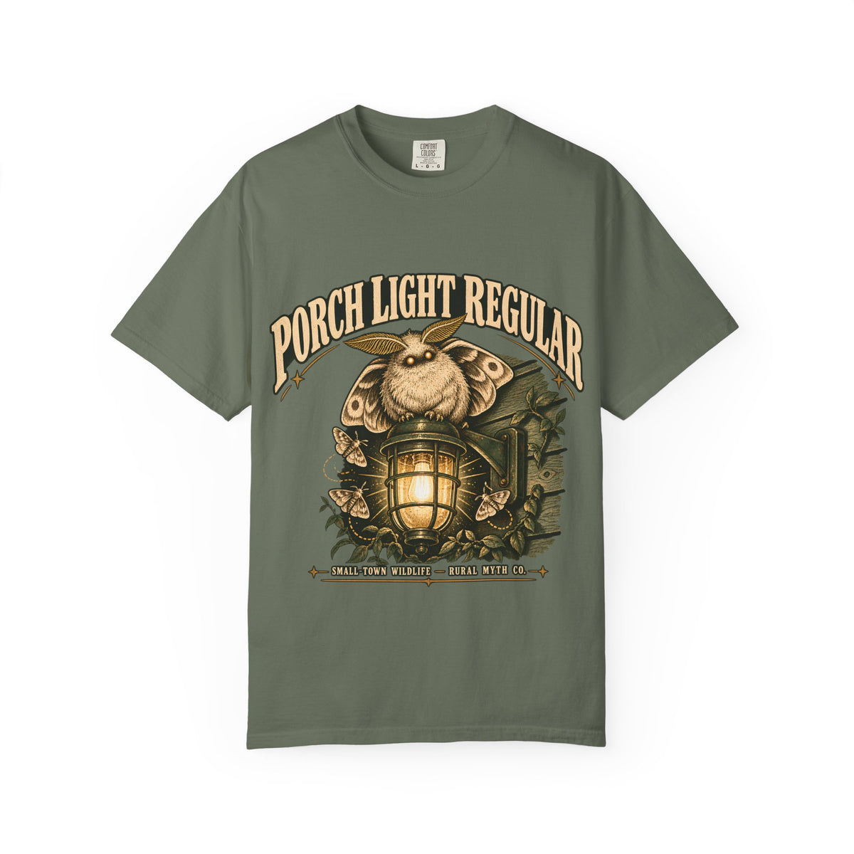 Porch Light Moth T-Shirt in Moss, front view