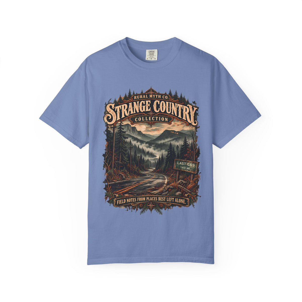 Strange Country Travel Poster T-Shirt in Washed Denim, front view