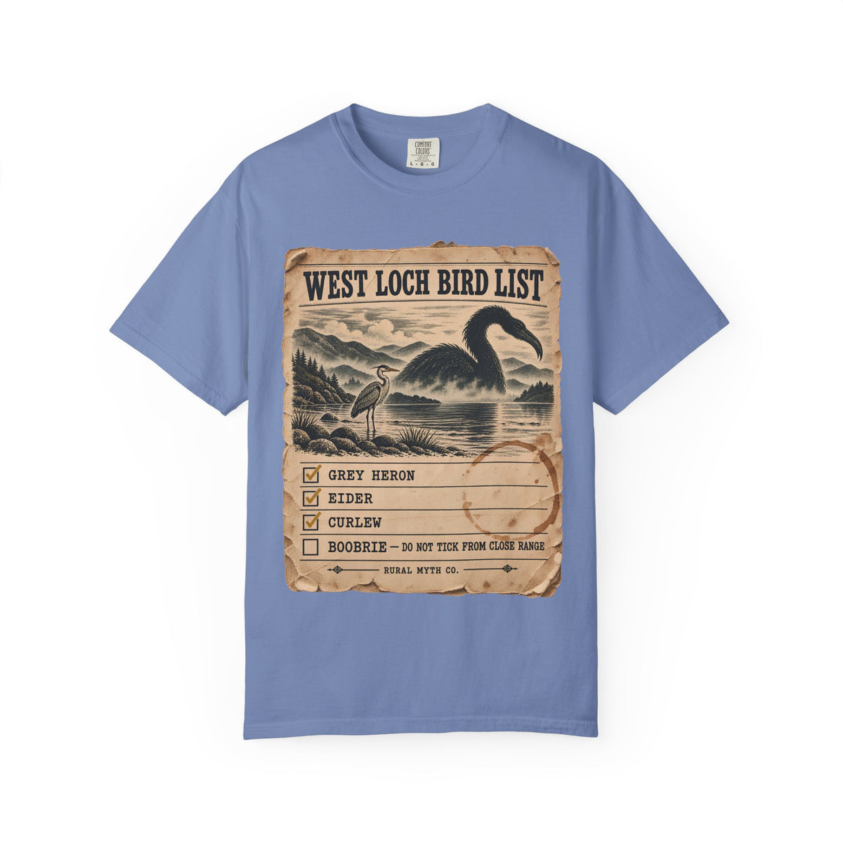Boobrie Bird List T-Shirt in Washed Denim, front view