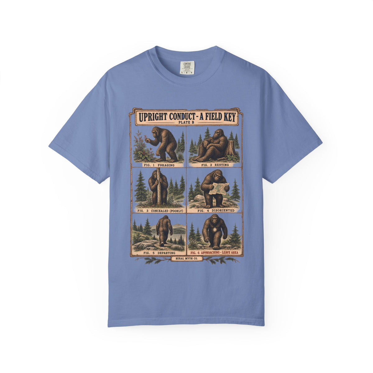 Bigfoot Behavior Field Key T-Shirt in Washed Denim, front view