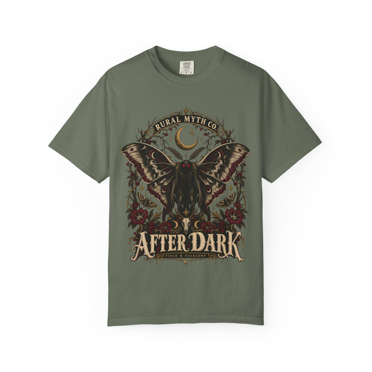 After Dark Moth T-Shirt in Moss, front view