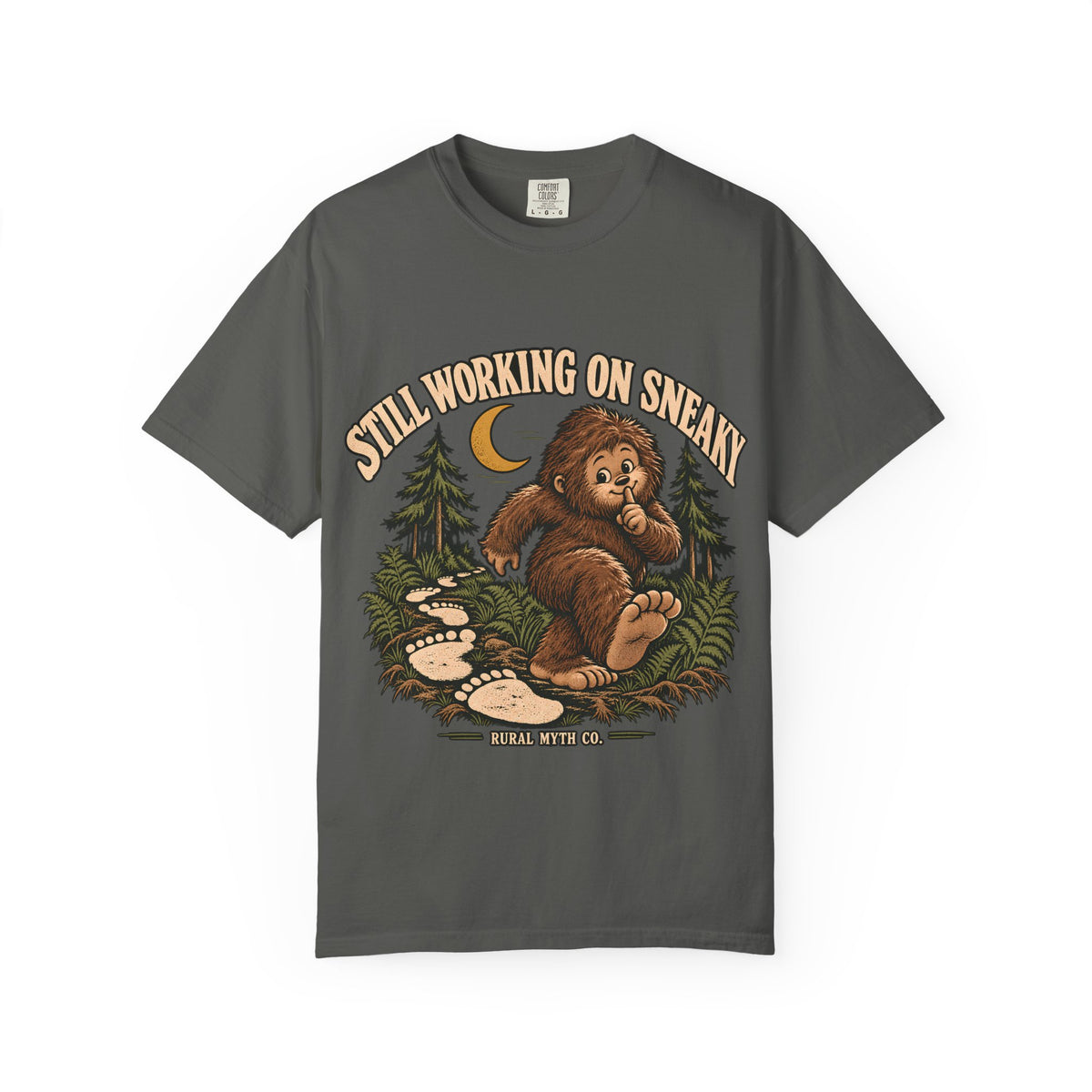 Sneaky Baby Sasquatch T-Shirt in Pepper, front view
