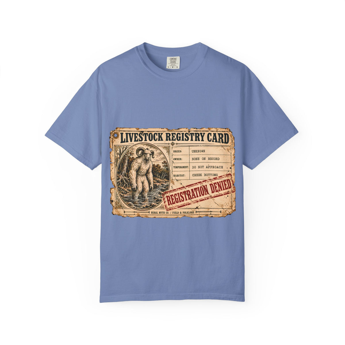 Sheepsquatch Livestock Card T-Shirt in Washed Denim, front view