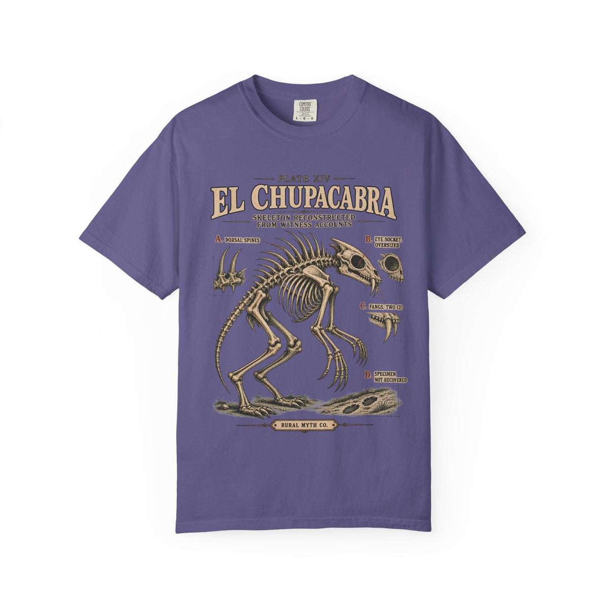 Chupacabra Skeleton Plate T-Shirt in Grape, front view