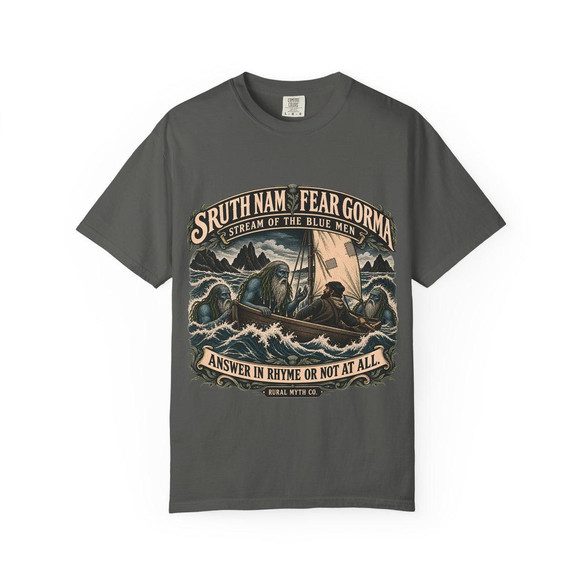Blue Men Sea Folklore T-Shirt in Pepper, front view