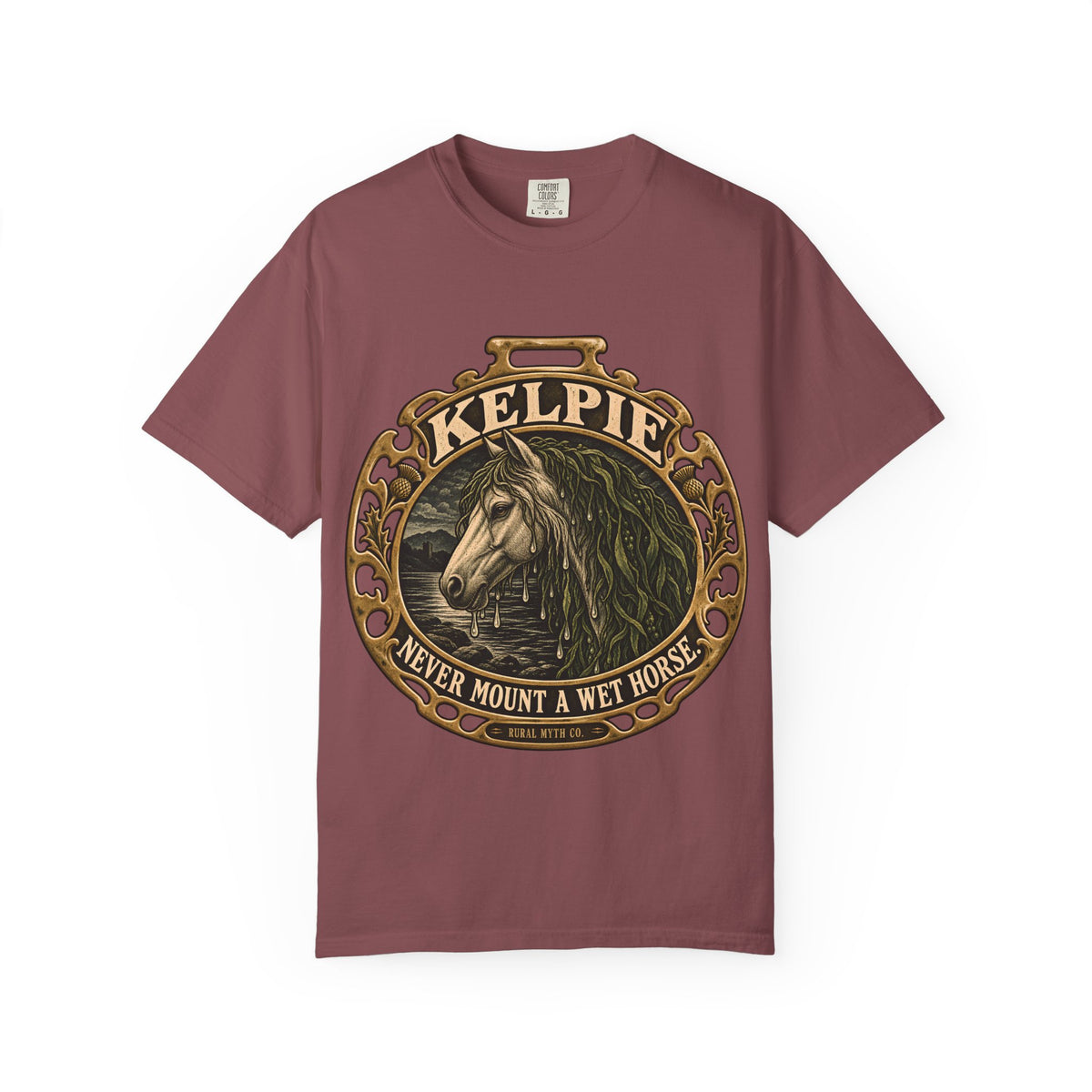 Never Mount a Kelpie T-Shirt in Brick, front view