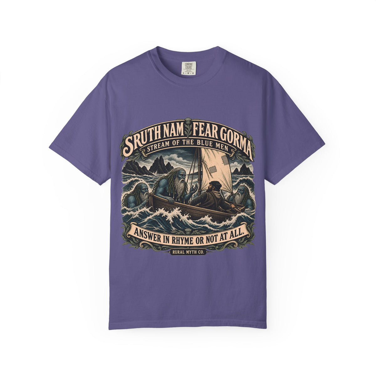 Blue Men Sea Folklore T-Shirt in Grape, front view