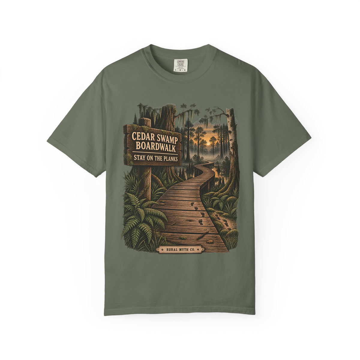 Boardwalk Closes at Dusk T-Shirt in Moss, front view