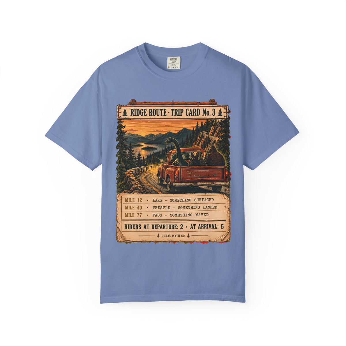 Cryptid Hitchhikers Pickup Truck T-Shirt in Washed Denim, front view