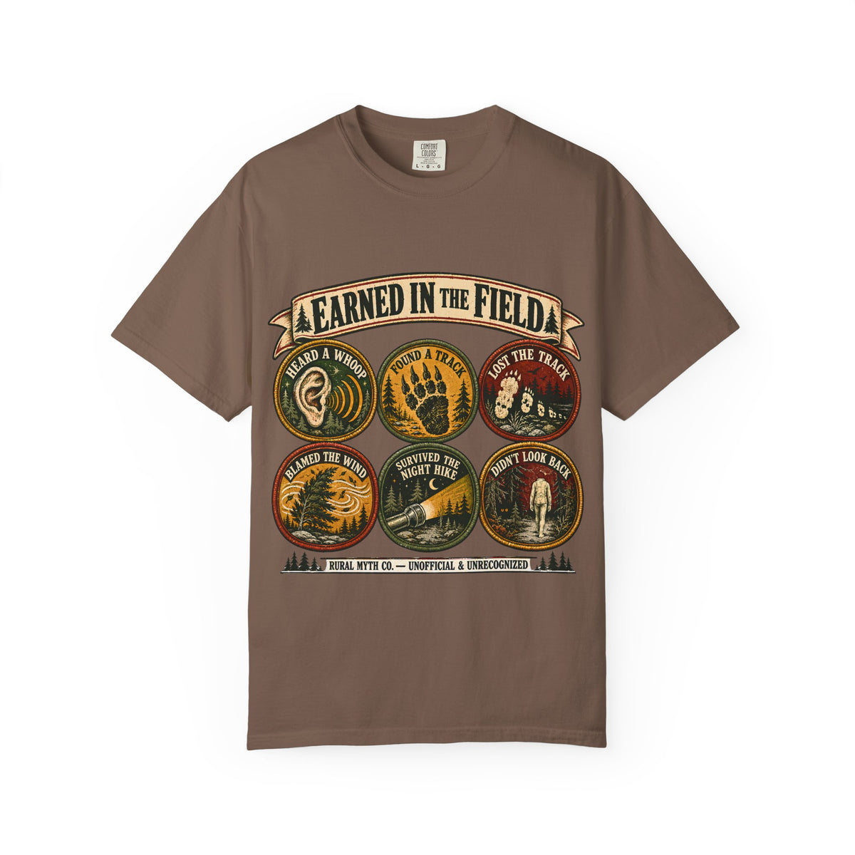 Bigfoot Hunter Badges T-Shirt in Espresso, front view