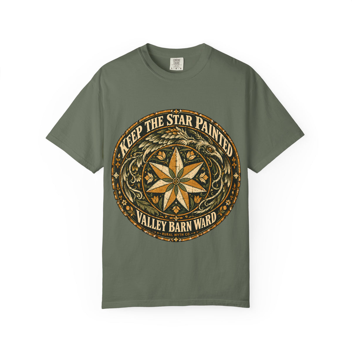 Snallygaster Barn Star T-Shirt in Moss, front view