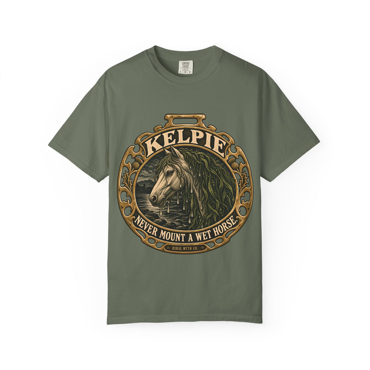Never Mount a Kelpie T-Shirt in Moss, front view