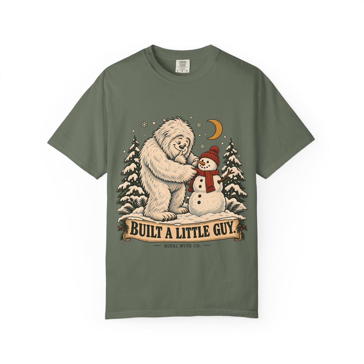 Yeti Built a Snowman T-Shirt in Moss, front view