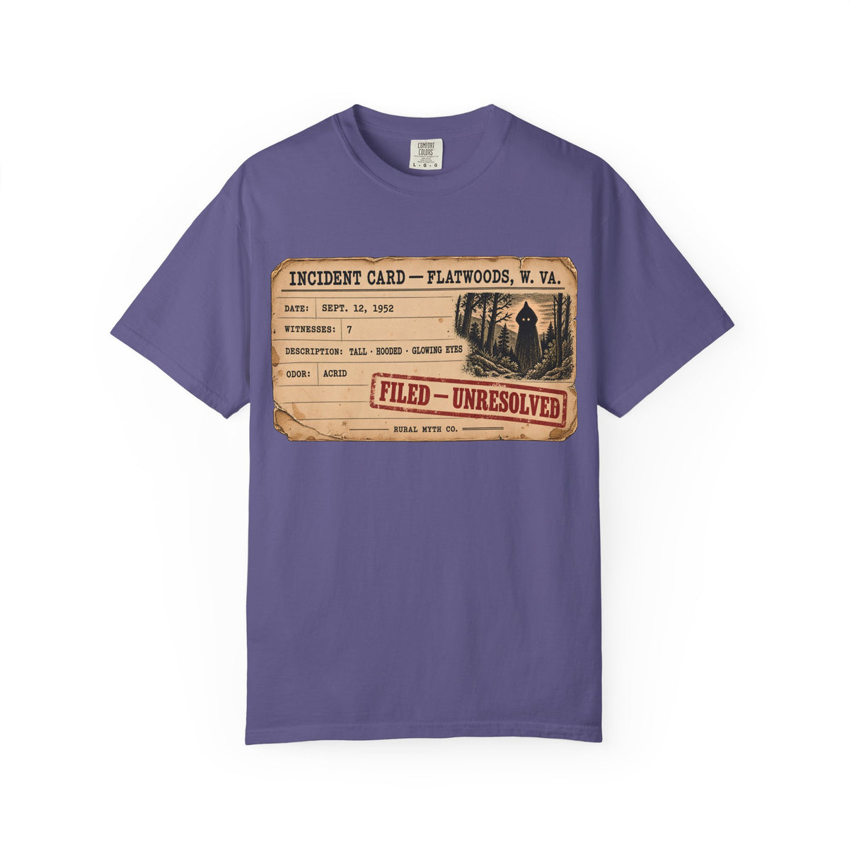 Flatwoods Monster Incident Card T-Shirt in Grape, front view
