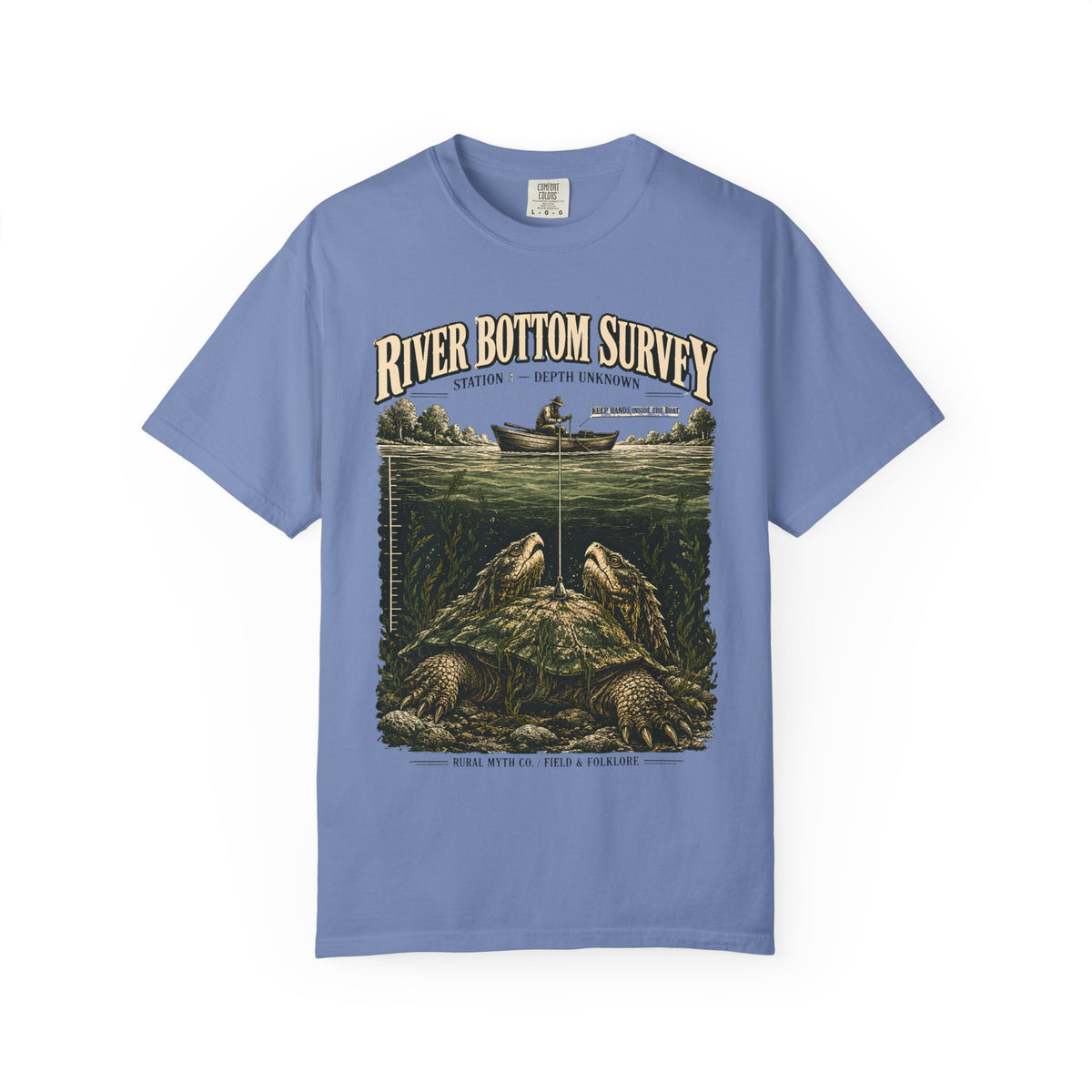 Two-Headed Snapping Turtle T-Shirt in Washed Denim, front view