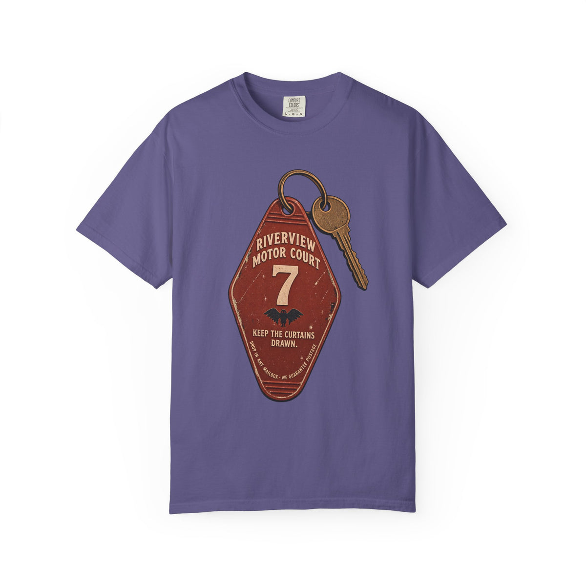 Mothman Motel Key Fob T-Shirt in Grape, front view