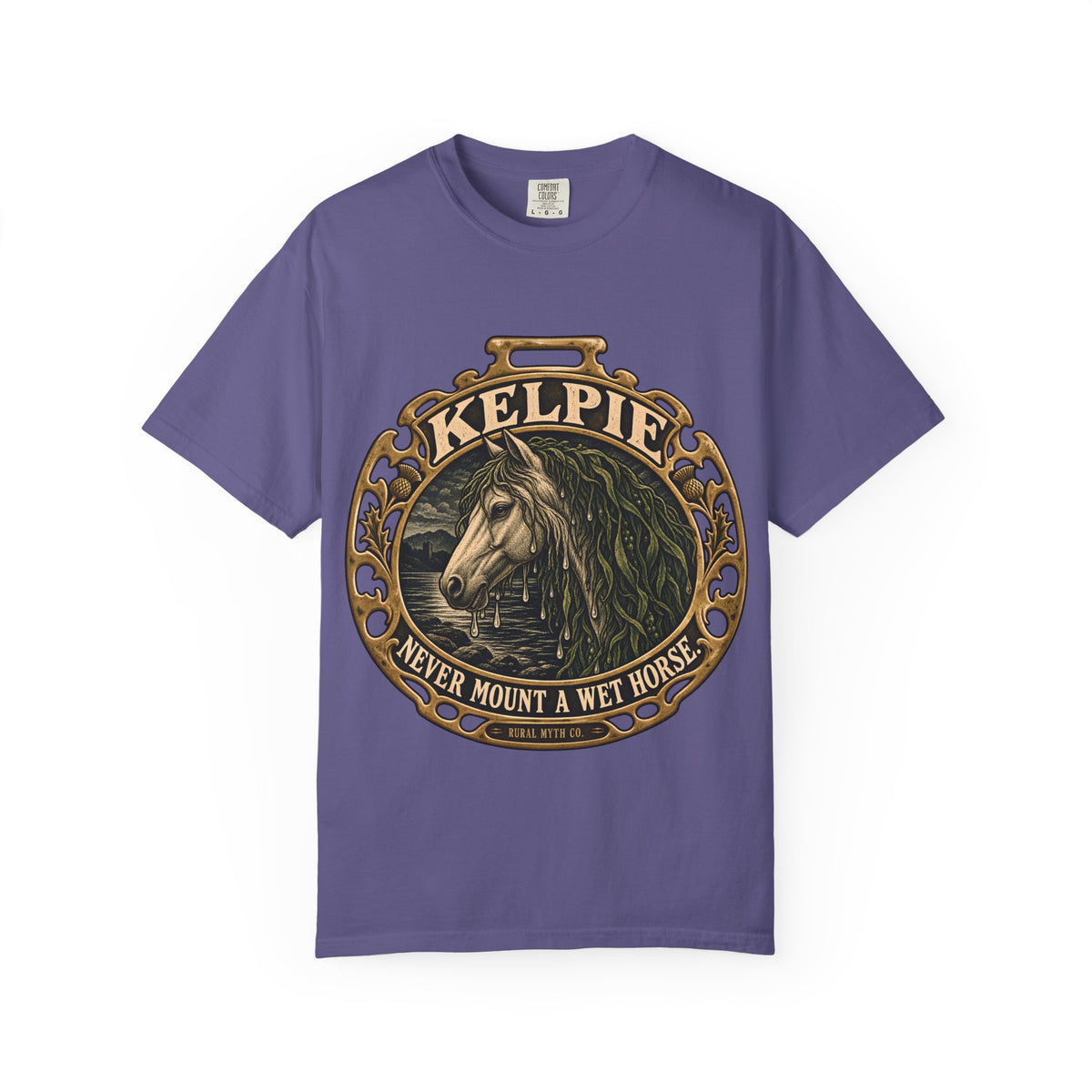 Never Mount a Kelpie T-Shirt in Grape, front view