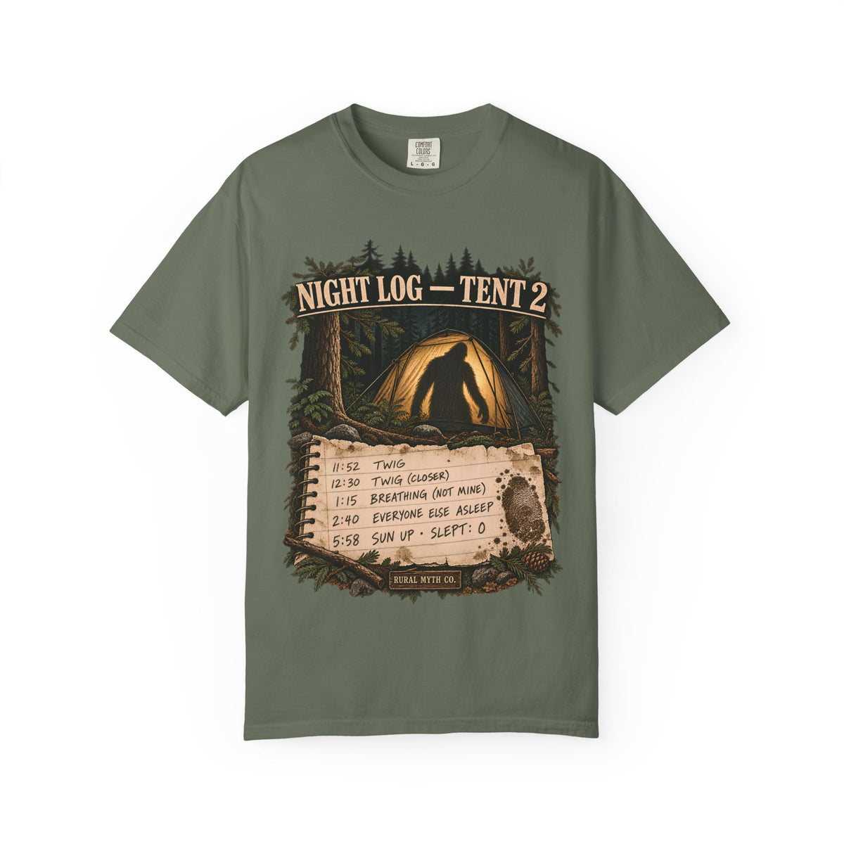 Bigfoot Camping Night Log T-Shirt in Moss, front view