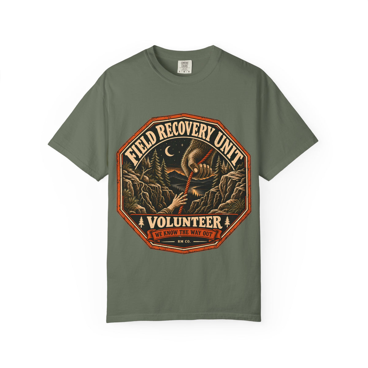 Bigfoot Rescue Patch T-Shirt in Moss, front view