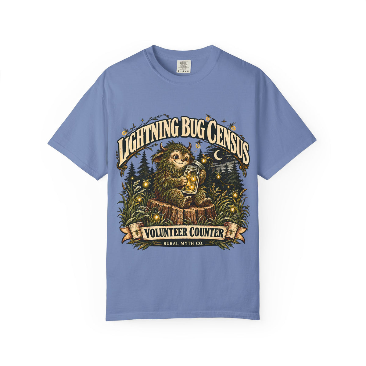 Lightning Bug Census T-Shirt in Washed Denim, front view