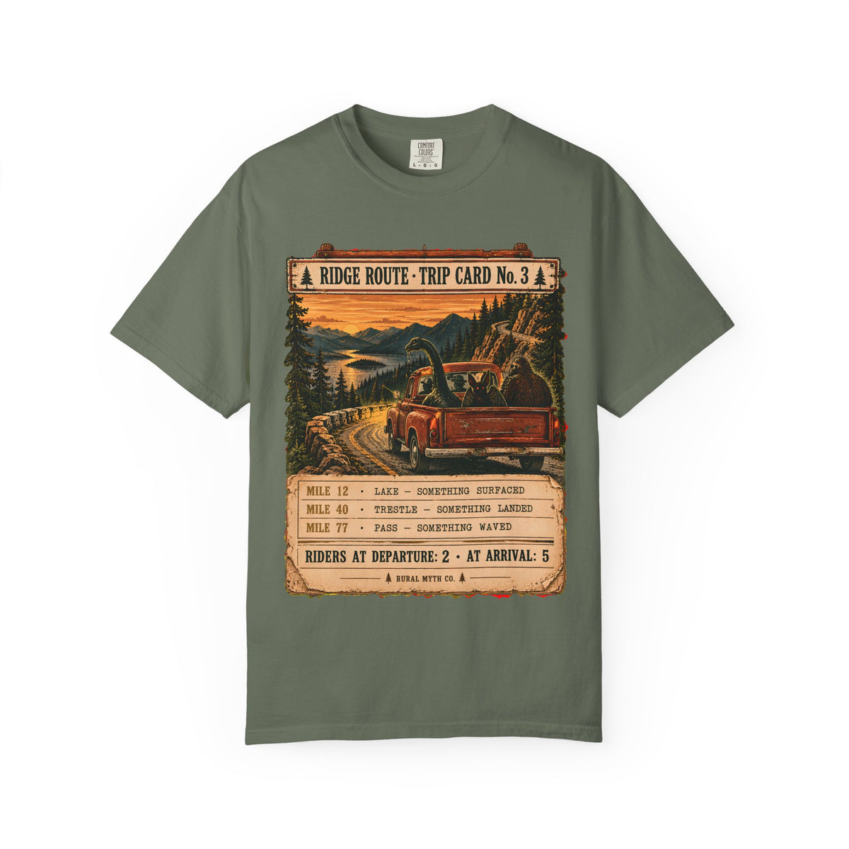 Cryptid Hitchhikers Pickup Truck T-Shirt in Moss, front view