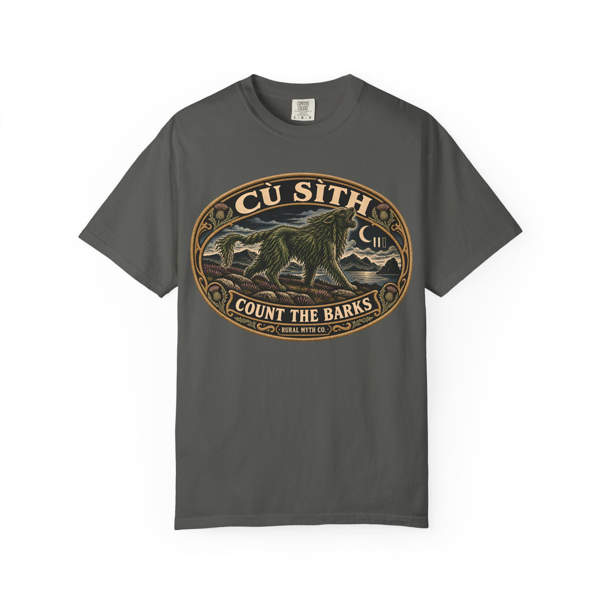 Cu Sith Fairy Hound T-Shirt in Pepper, front view